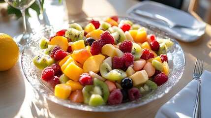 Close up of a beautifully arranged table in a restaurant with fruit salad