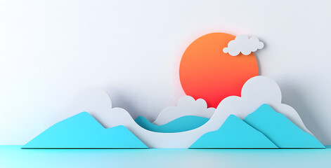 Landscape with mountains and sea waves in paper cut style