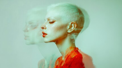 Artistic double exposure portrait of model with short blonde hair and textured background