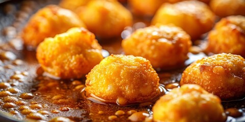 Crispy Golden Fried Bites Cooking in Hot Oil, Minimalist Food Photography