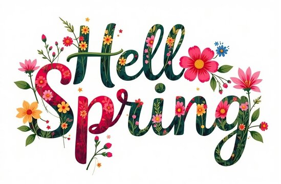 Spring flower text vector design. Hello spring text, font and letters with colorful and blooming flowers decoration elements