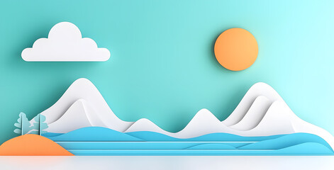 Landscape with mountains and sea waves in paper cut style