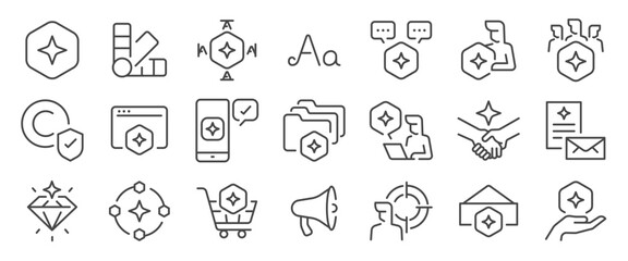 Brand identity icon set. It includes logo, design, unique, color, typography, and more icons. Editable Vector Stroke.
