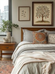 Cozy bedroom interior with natural decor, earth tones, and botanical artwork near window