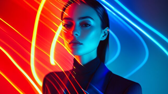 Portrait with neon light trails: bold colors and futuristic aesthetics