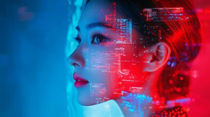 Futuristic double exposure profile with digital interface in neon colors