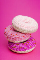 Handmade crocheted donuts with shiny beads. Festive Valentines or Mothers Day, greeting card