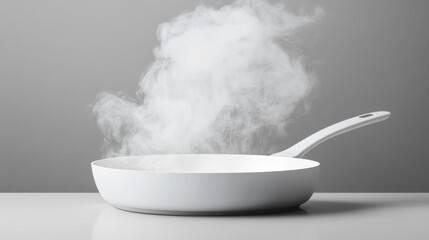 culinary action capture, nonstick frying pan, dynamic flame movement, ascending smoke patterns, neutral grey environment, pristine white base, sleek handle design, controlled studio illumination,