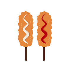Flat-style illustration of crispy Korean corn dogs topped with mayonnaise and ketchup. Perfect for food projects, restaurant menus, icons or designs celebrating street food culture.