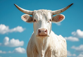 Captivating Close-Up of a White Cow Under a Bright Blue Sky with Fluffy Clouds, Showcasing its Graceful Features and Intense Eyes in Natural Pastoral Setting