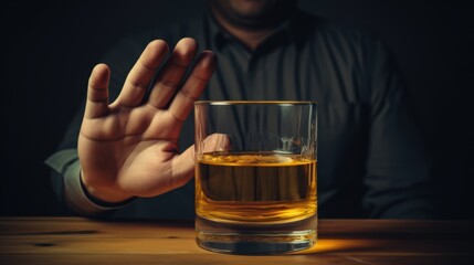 man refuses say no and avoid to drink an alcohol whiskey , stopping hand sign male, alcoholism treatment, alcohol addiction, quit booze, Stop Drinking Alcohol. Refuse Glass liquor, unhealthy, reject