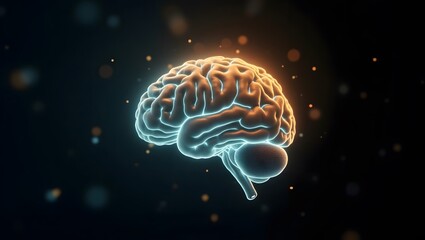 A glowing human brain, depicted in a 3D style, with a dark background and subtle lighting effects.