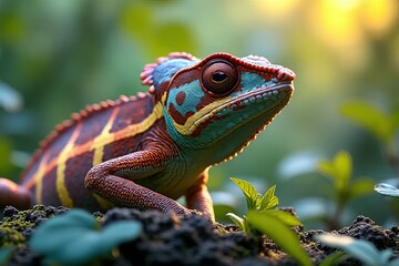 Fototapeta premium A vibrant, colorful lizard perched on a mossy surface, surrounded by lush foliage, basking in warm sunlight during a serene moment in nature.