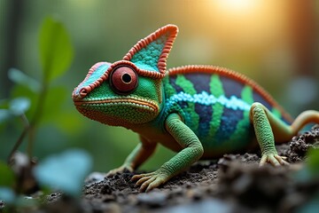 Fototapeta premium A vibrant chameleon rests on the ground, showcasing its colorful skin and unique patterns amidst a lush, green environment.