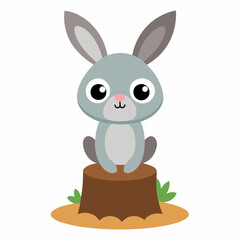 Vector of a Cute little bunny cartoon sitting on tree stump on white background.