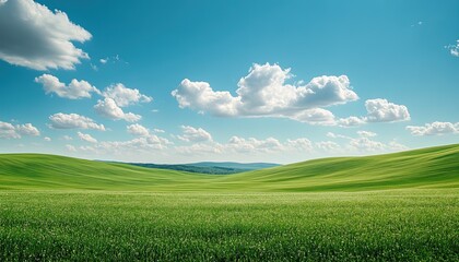 Obraz premium Rolling green hills under a sunny sky, landscape photography for travel brochures