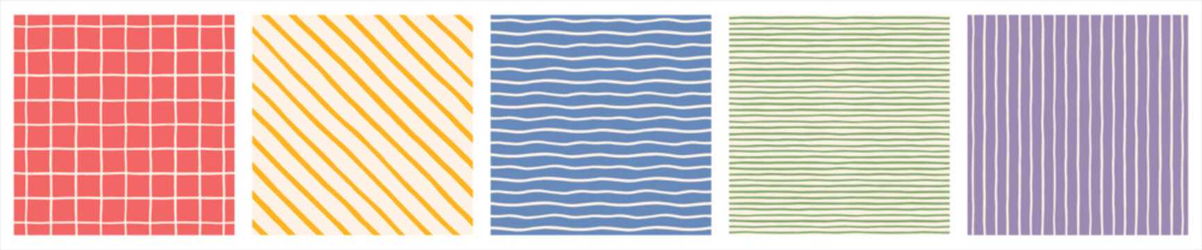 Hand drawn geometric seamless regular patterns set, collection. Doodle, uneven artistic lines, straight and diagonal pinstripes, stripes, bars, streaks, waves. Check, plaid, striped square backgrounds