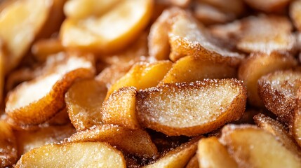 Closeup of deep fried apple slices with sugar and cinnamon