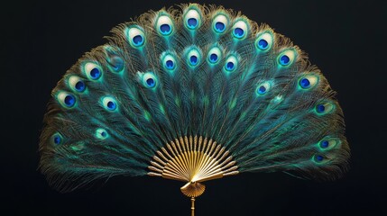 Beautiful peacock feather fan with a golden handle. Isolated on a black background