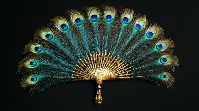 Beautiful peacock feather fan with a golden handle. Isolated on a black background