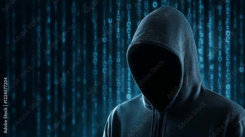 Poster masked hacker in a blue futuristic setting