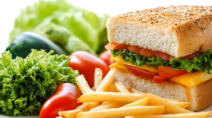 Club sandwich french fries with vegetables background