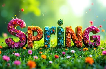 Word Spring with colorful nature images inside the letters