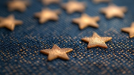 Sparkling gold stars on blue denim, a closeup of fashionable fabric texture 