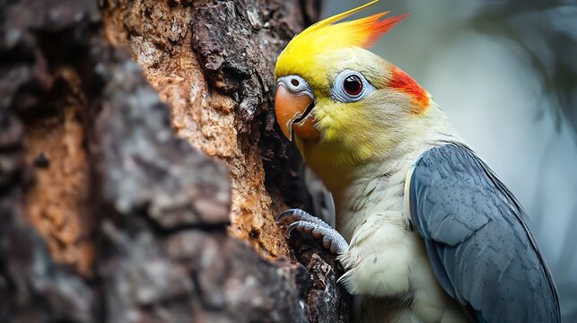 Cockatiel climbs up against a tree bark and is peeking around - Powered by Adobe