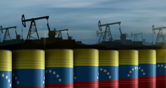 Venezuela oil business and fuel extraction barrels in row seamless and loopable concept. Venezuelan petrol industrial containers.