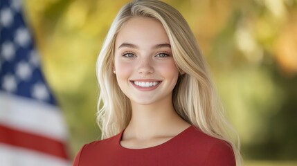Naklejka premium Portrait of a cheerful blonde woman in red shirt smiling confidently at the camera