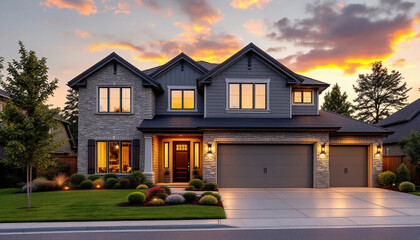 Elegant Suburban Home with Warm Lighting and Stone and Wood Exterior at Dusk