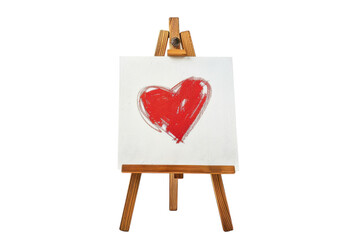 A vibrant red heart painting displayed on an easel, showcasing artistic expression and love in a bright, minimalist space isolated on transparent background