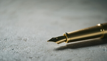 Golden fountain pen on stone surface.