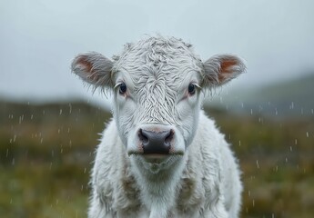 Obraz premium Close-Up of a Calf on a Rainy Day, Capturing the Innocence and Curiosity of a Young Cow in a Natural Setting with a Soft, Dreamy Background