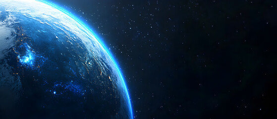 Fototapeta premium View of Earth from space highlighting atmospheric glow and distant stars in a dark cosmic backdrop