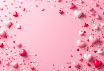 Valentines day card. Heart confetti falling over pink background for greeting cards, wedding invitation 13