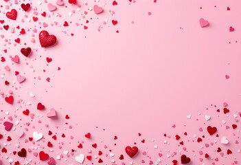 Valentines day card. Heart confetti falling over pink background for greeting cards, wedding invitation 12
