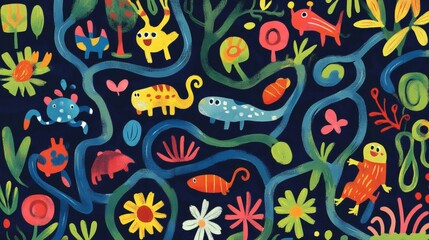Colorful illustration of various animals and plants in a whimsical nature setting with flowing rivers