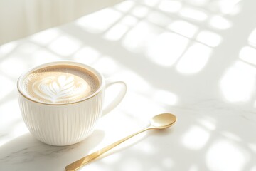 Obraz premium Warm latte art in textured cup, sunlight casting soft shadows on