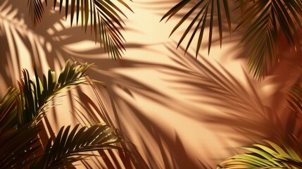 Tropical palm leaf shadow overlay on orange background for summer product presentation and mockup