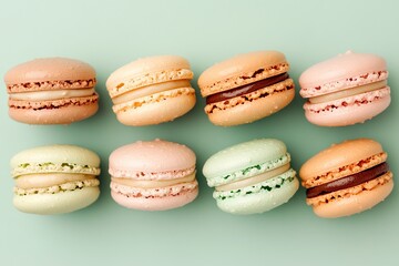 Fototapeta premium Colorful macarons arranged in neat row, showcasing delightful te