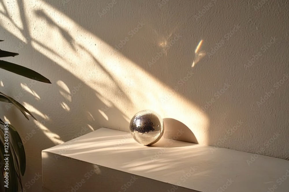 Poster sunlight casts soft shadows around shiny sphere on minimalist su