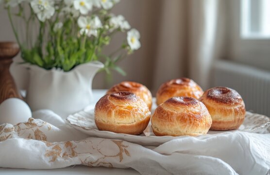 Portuguese Pastries with Easter Theme and White Linen Napkin on Table