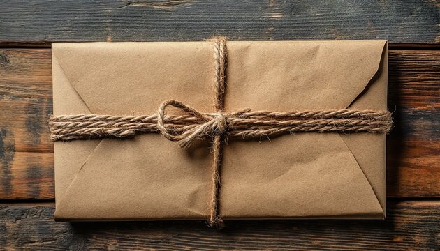 Rustic Kraft Envelope Tied with Jute on Wood