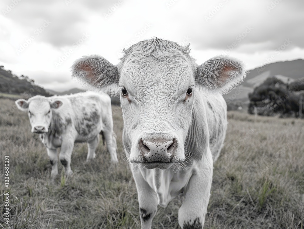 Poster close-up of a curious calf in a grassy field with another calf in the background under overcast skie