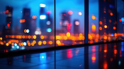 Blurred city lights reflecting on glass window with vibrant urban night bokeh