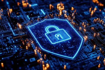 neon blue cybersecurity shield with binary code streams, floating padlock hologram emerging from digital matrix, dark background with glowing tech elements