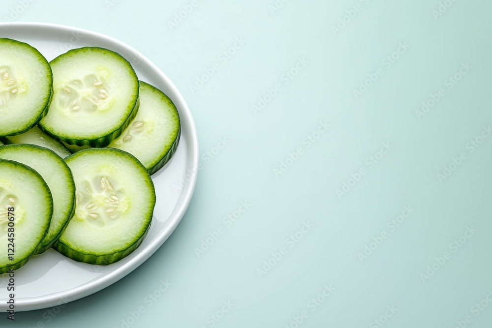 Poster fresh cucumber slices arranged neatly on plate against soft back