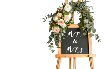 Charming wedding decoration featuring a floral-adorned sign announcing Mr and Mrs, set against a soft, elegant backdrop isolated on transparent background